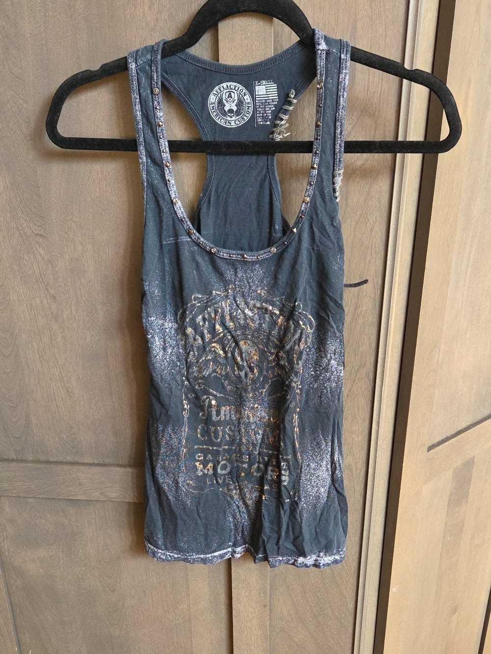 Affliction Black Racerback Tank with Metallic Gold Graphic